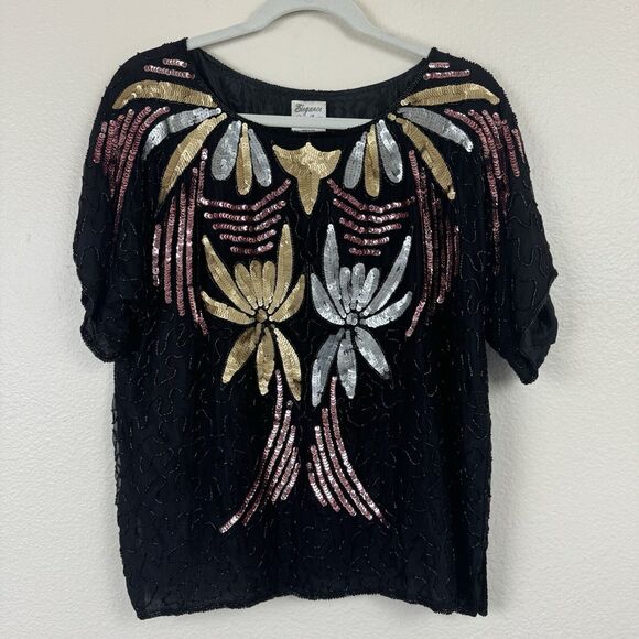 Vintage Elegance By Anujan Beaded Sequin Short Sleeve Silk Blouse Black Medium - Picture 1 of 15